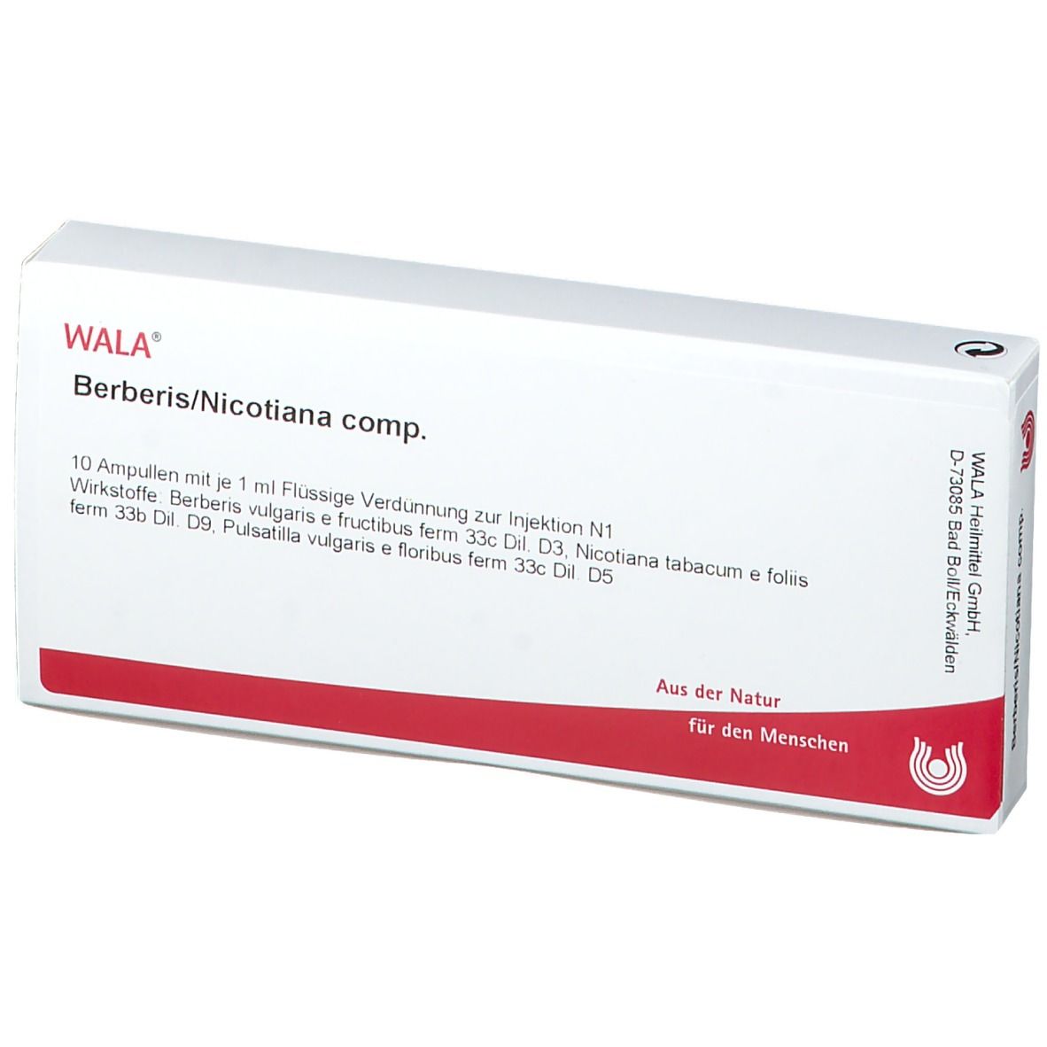 Weiße Schachtel mit rotem Streifen. Aufschrift: WALA® Berberis/Nicotiana comp. 10 Ampullen. Text in deutscher Sprache.