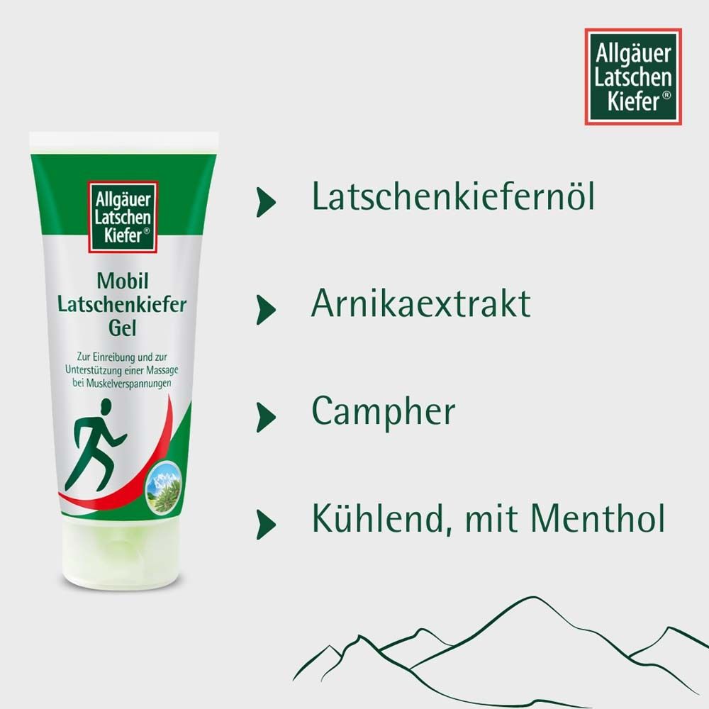 Tube Mobil Latschenkiefer Gel. Text: Latschenkiefernöl, Arnikaextrakt, Campher, Kühlend, mit Menthol. Berge im Hintergrund.