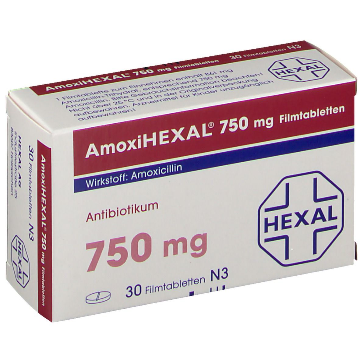 Schachtel AMOXIHEXAL 750 Filmtabletten. Aufschrift: 750 mg, 30 Filmtabletten N3, Wirkstoff: Amoxicillin. Logo Hexal.