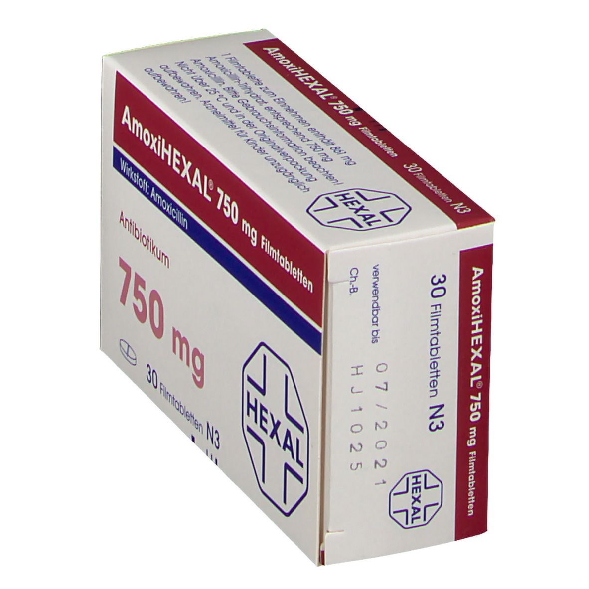 Schachtel AMOXIHEXAL 750 Filmtabletten, schräg. Aufschrift: 750 mg, 30 Filmtabletten N3, Logo Hexal. Mindesthaltbarkeitsdatum: 07/2021.