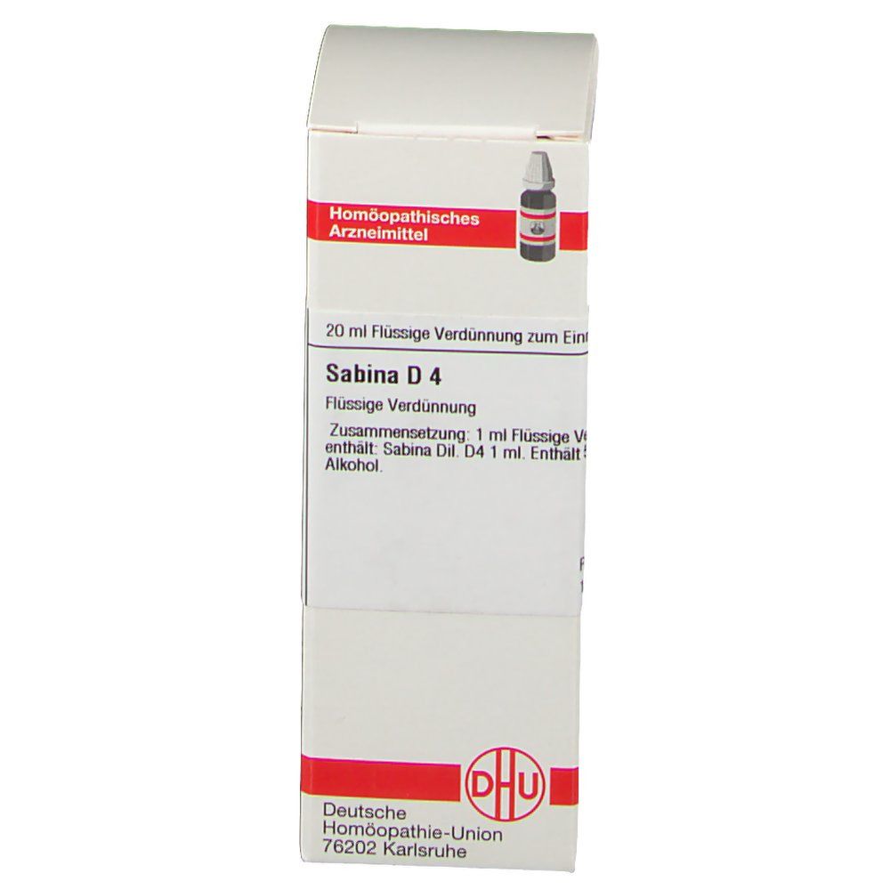 Weiße Faltschachtel mit roter Umrandung. Aufdruck: Sabina D4, DHU-Logo. Enthält eine braune Glasflasche mit Tropfer.