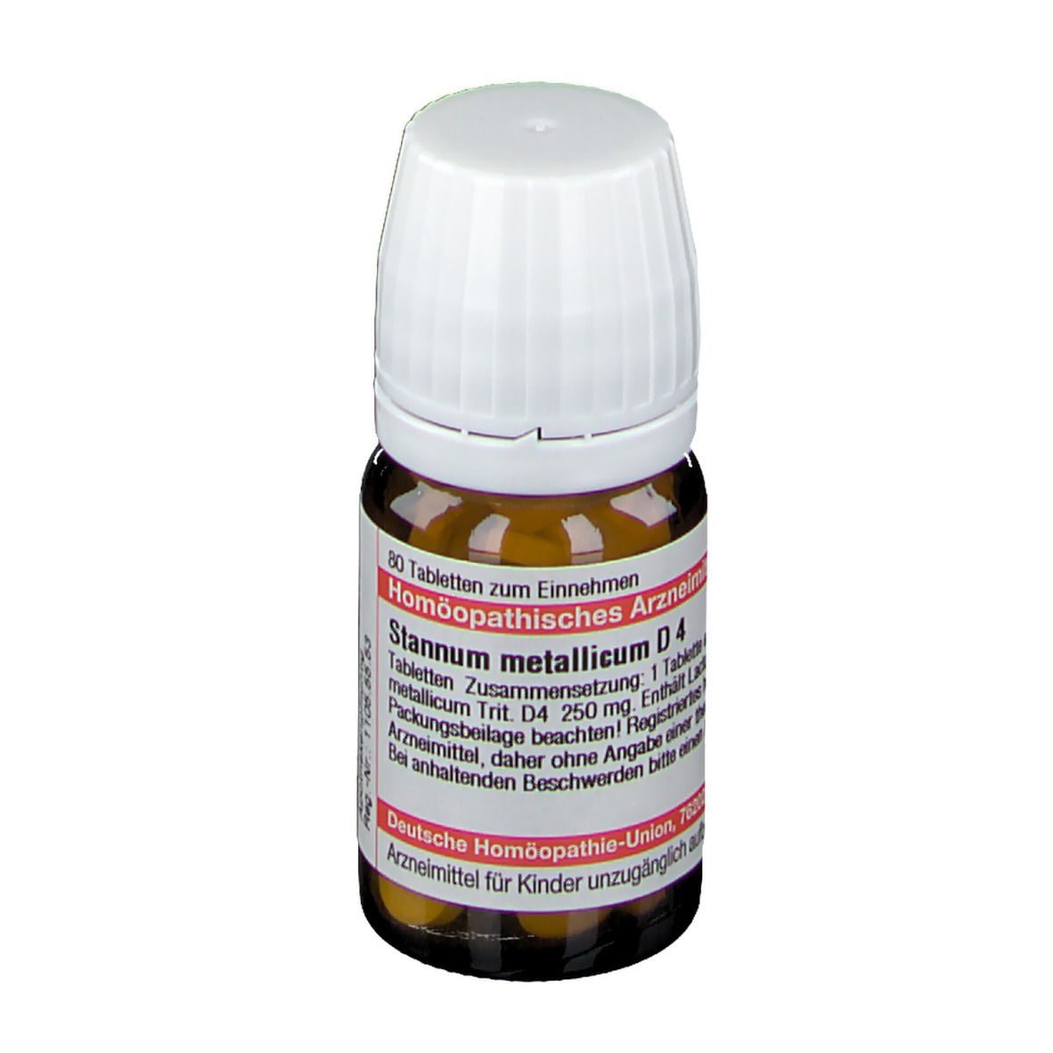 Braune Glasflasche mit weißen Deckel. Etikett mit Text: Stannum metallicum D4, 80 Tabletten. Deutsche Homöopathie-Union.