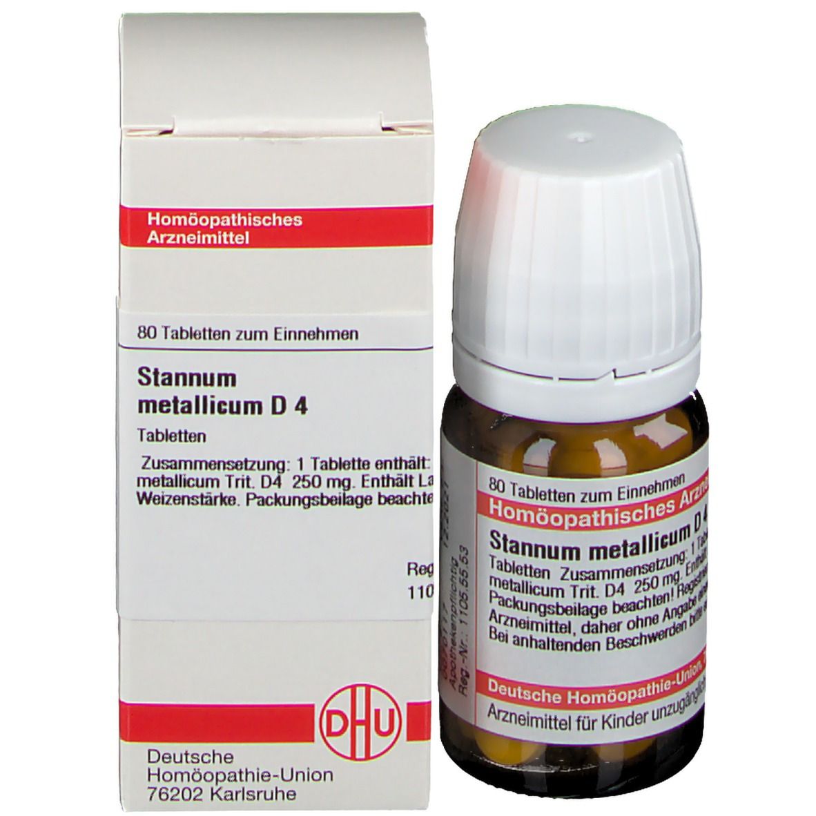 Braune Glasflasche und Schachtel. Auf der Schachtel steht: Stannum metallicum D4, 80 Tabletten. Deutsche Homöopathie-Union.