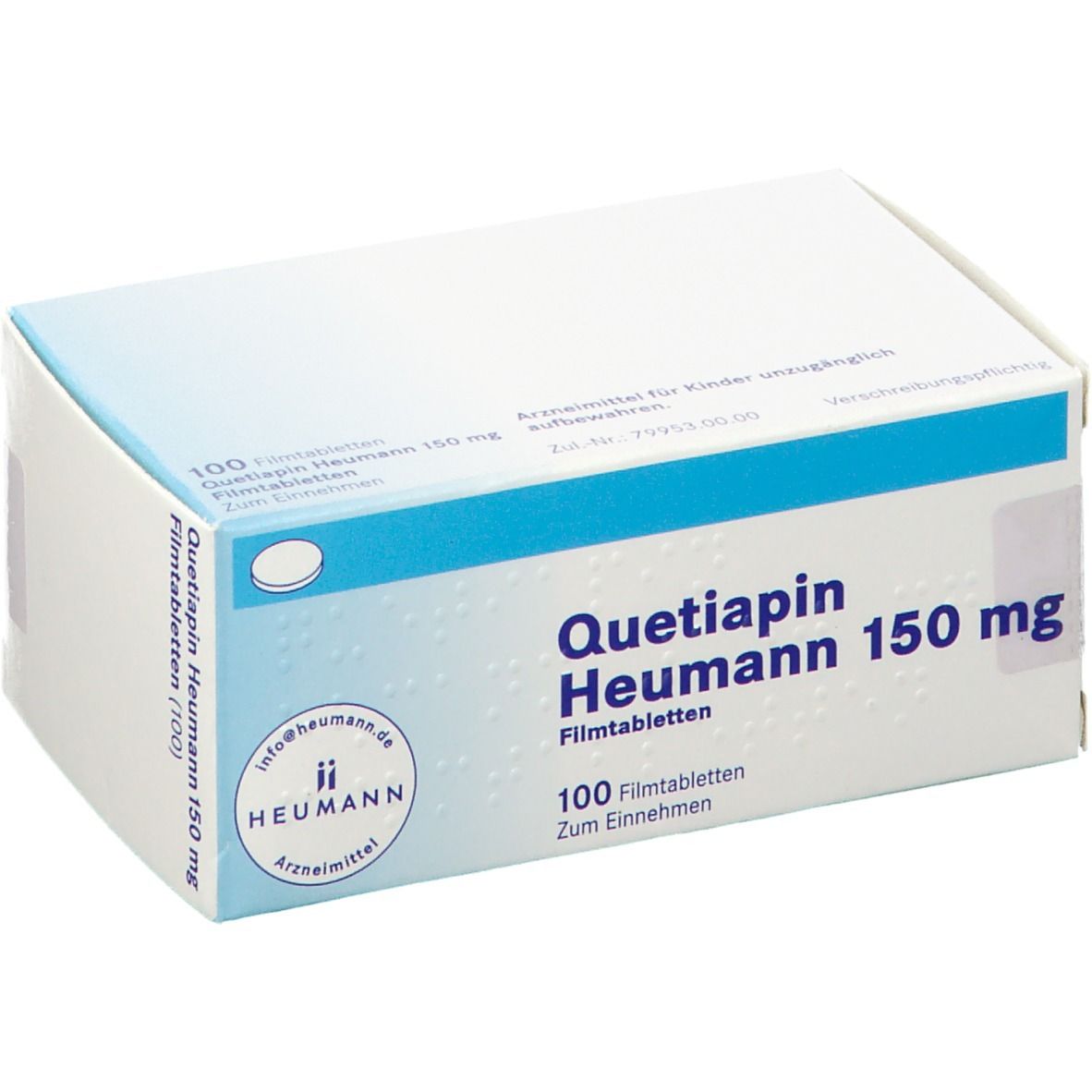Schachtel mit Quetiapin Heumann 150 mg Filmtabletten. Blaue und weiße Verpackung. 100 Tabletten. Heumann-Logo.