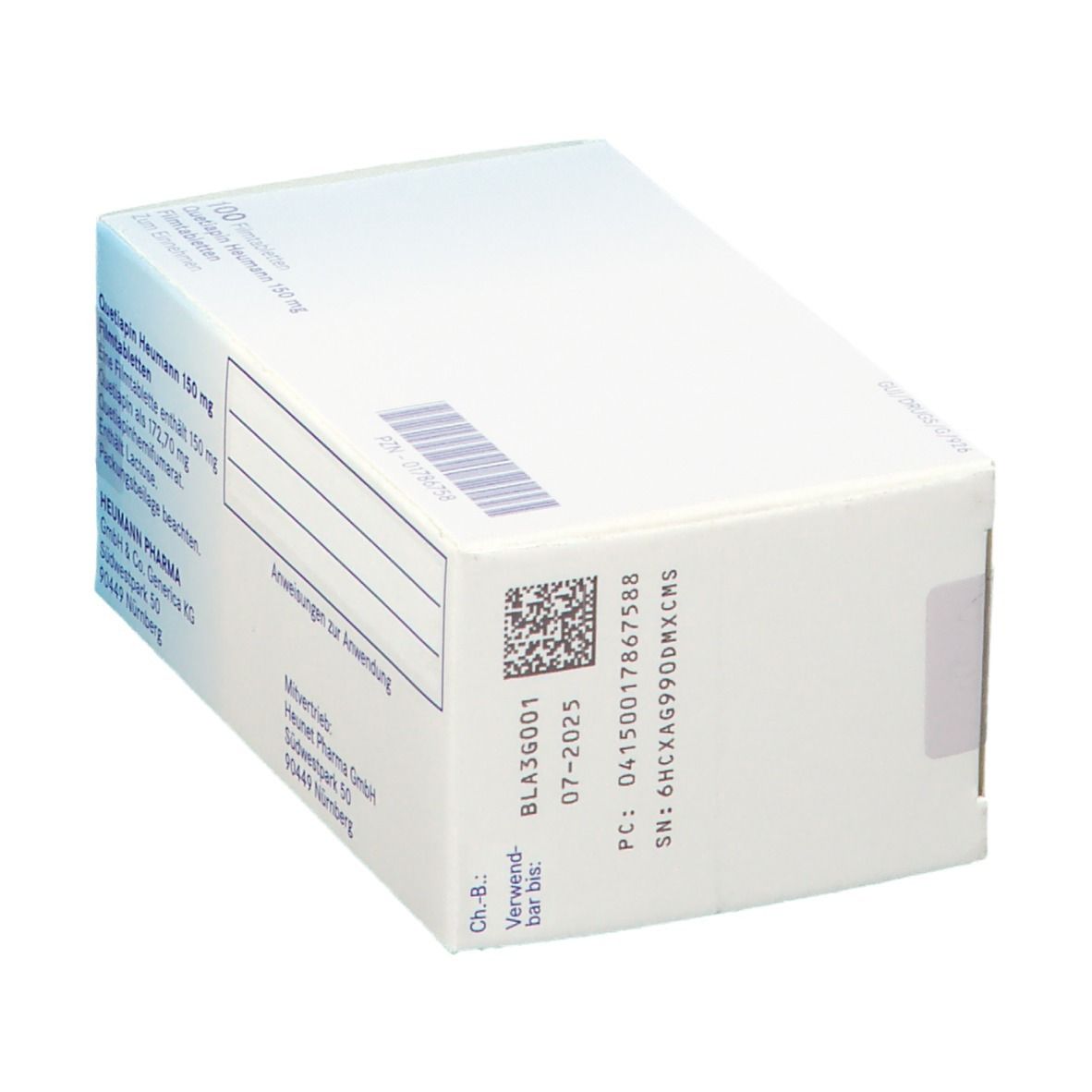 Rückseite der Schachtel Quetiapin Heumann 150 mg. Weiße Verpackung mit Text, Barcode und Chargennummer. Heumann Pharma.