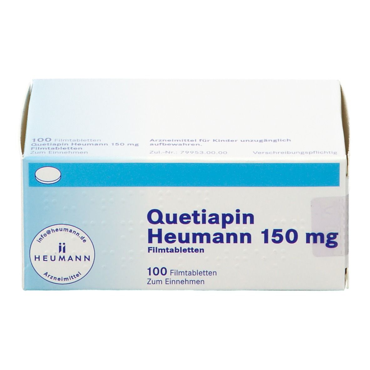 Schachtel Quetiapin Heumann 150 mg. Weiße Verpackung mit blauem Streifen. 100 Filmtabletten. Heumann-Logo.