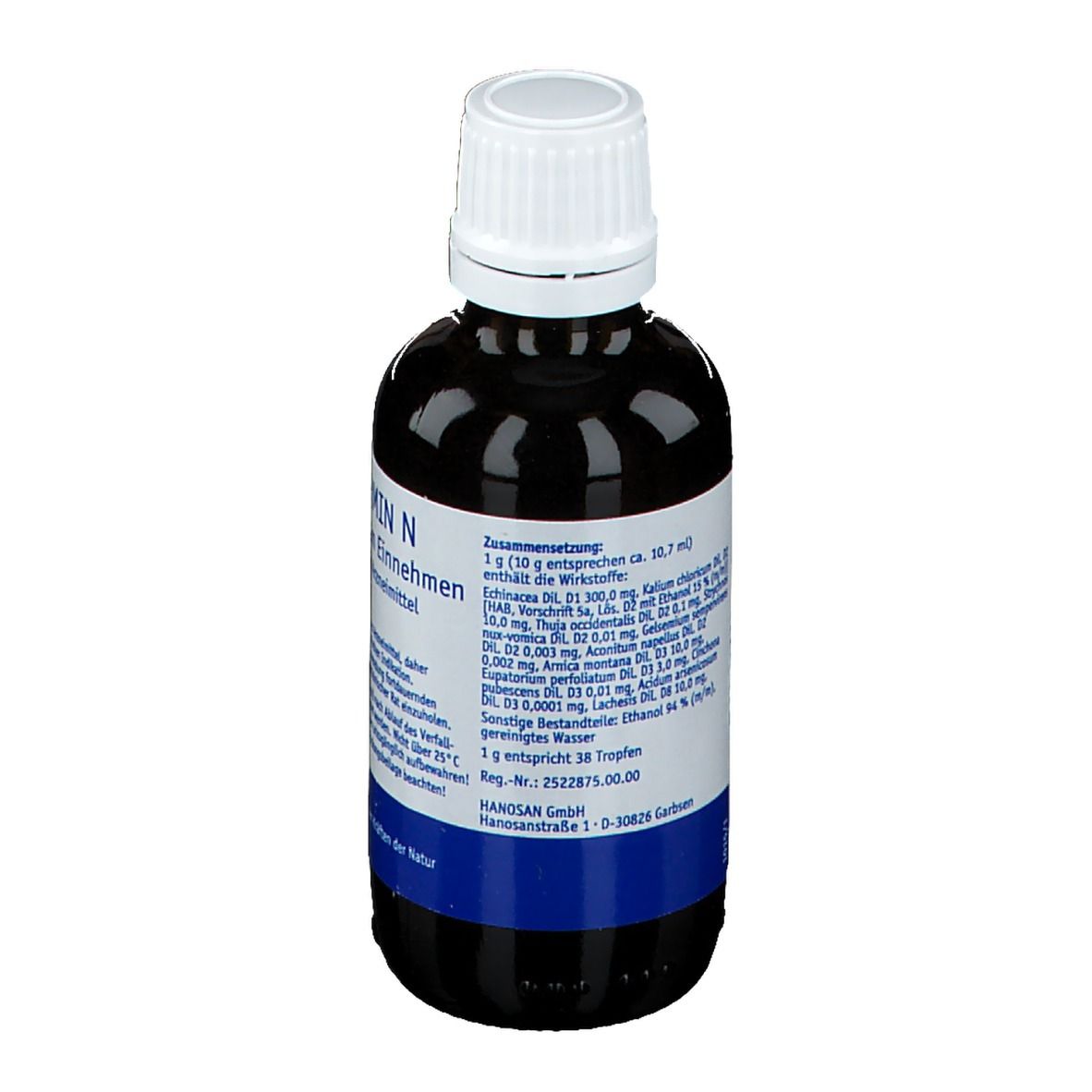 Braune Glasflasche mit weißem Deckel. Etikett mit Inhaltsstoffen und weiteren Informationen.