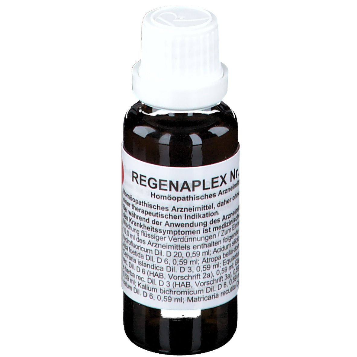 Braune Glasflasche mit weißem Verschluss. Beschriftung: REGENAPLEX Nr. 36 dN Tropfen. Homöopathisches Arzneimittel.