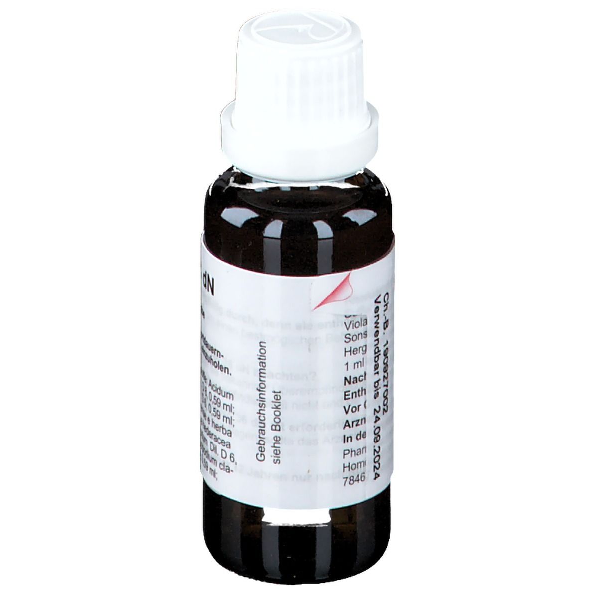 Braune Glasflasche mit weißem Verschluss. Beschriftung und rotes Logo. Text: Gebrauchs/Information siehe Booklet.
