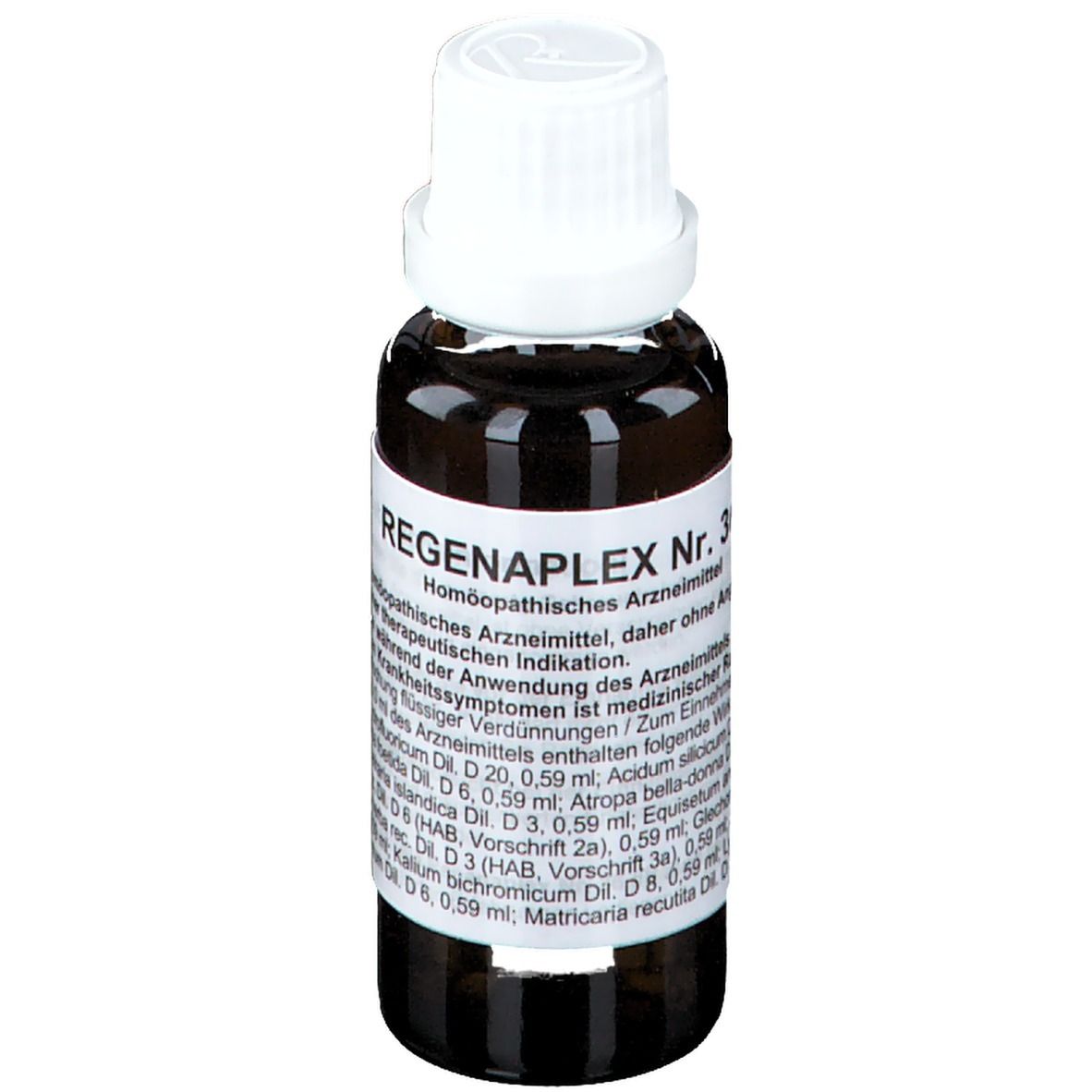 Braune Glasflasche mit weißem Verschluss. Beschriftung: REGENAPLEX Nr. 36. Homöopathisches Arzneimittel.