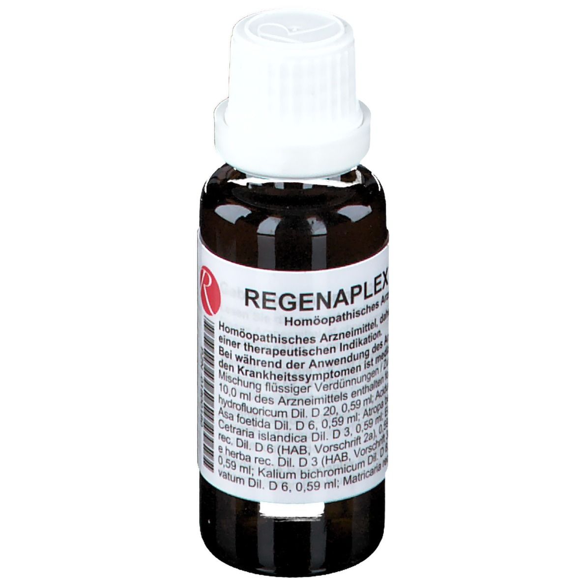 Braune Glasflasche mit weißem Verschluss. Beschriftung: REGENAPLEX. Homöopathisches Arzneimittel. Rotes Logo.