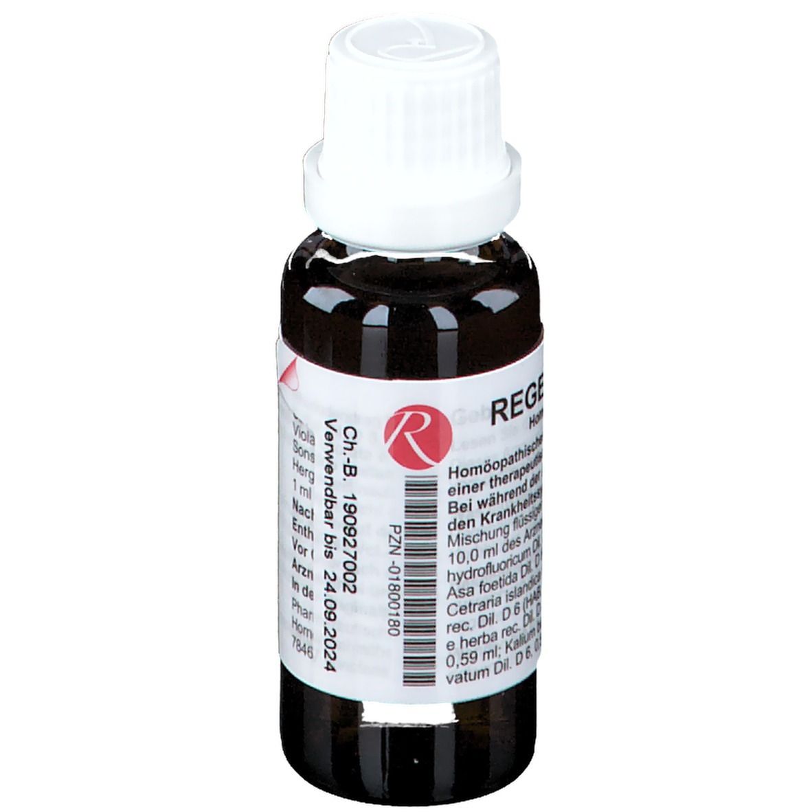 Braune Glasflasche mit weißem Verschluss. Beschriftung und rotes Logo. Text: Ch.-B. 150927002. Verwendbar bis 24.09.2024.