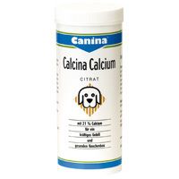 Weiße Dose mit blau-weißem Etikett. Aufschrift: Canina, Calcina Calcium Citrat. Logo: Hund. Enthält 21% Calcium.