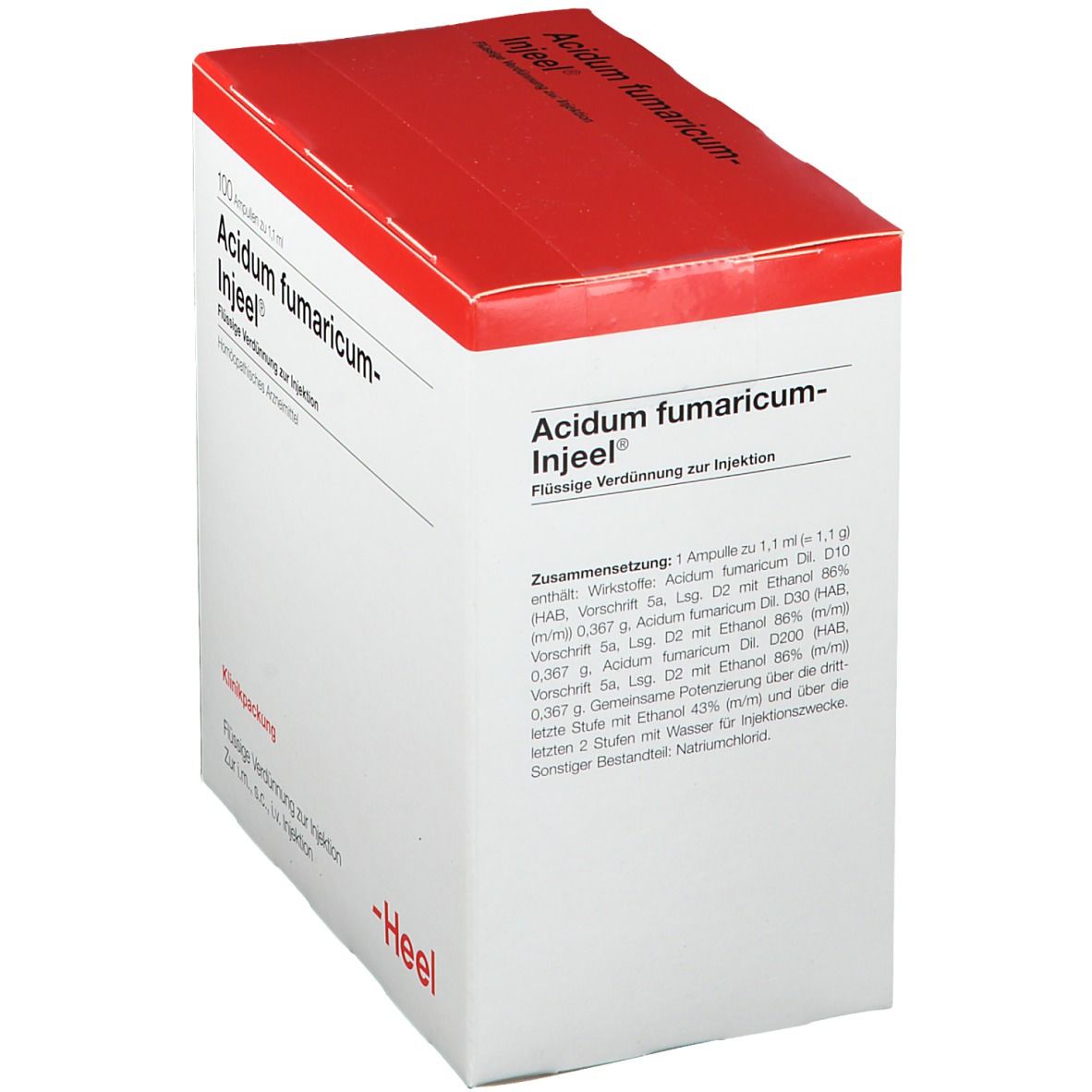 Karton mit rotem Deckel. Aufschrift: Acidum fumaricum-Injeel®. Flüssige Verdünnung zur Injektion. Zusammensetzung und weitere Informationen. Marke Heel.