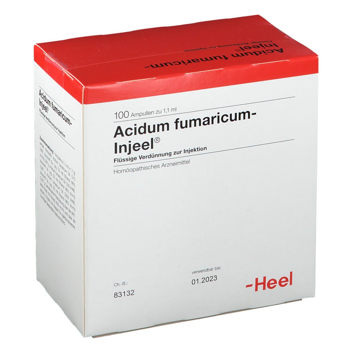 Karton mit rotem Deckel. Aufschrift: Acidum fumaricum-Injeel®. 100 Ampullen. Flüssige Verdünnung zur Injektion. Verfallsdatum 01.2023. Marke Heel.