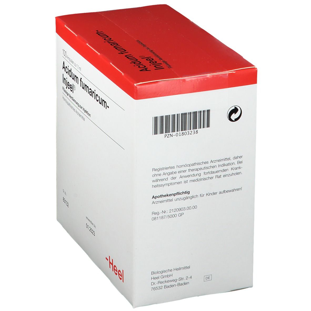 Karton mit rotem Deckel. Aufschrift: Acidum fumaricum-Injeel®. Flüssige Verdünnung zur Injektion. Informationen und Adresse. Marke Heel.