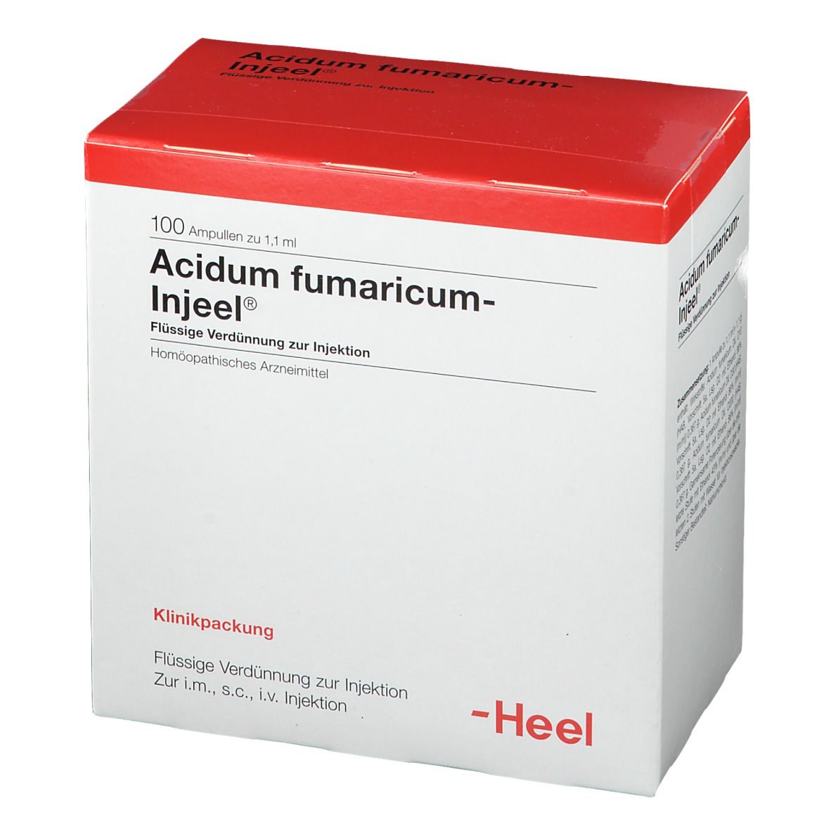 Karton mit rotem Deckel. Aufschrift: Acidum fumaricum-Injeel®. 100 Ampullen. Flüssige Verdünnung zur Injektion. Marke Heel.