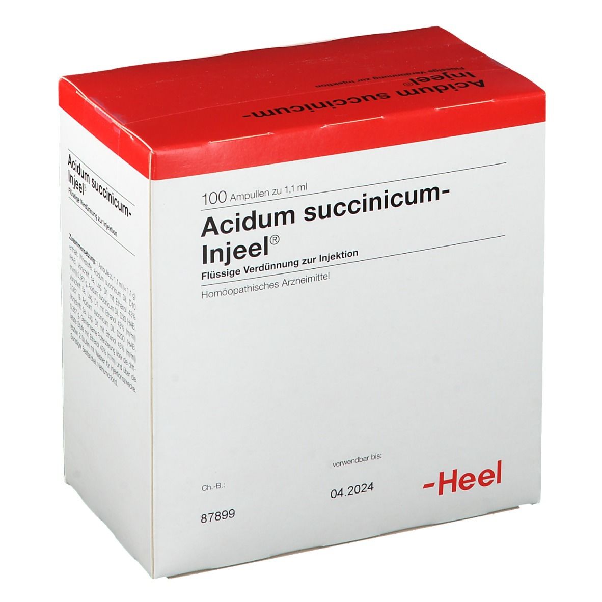 Weißer Karton mit rotem Deckel. Beschriftung: Acidum succinicum-Injeel®, 100 Ampullen. Verfallsdatum. Marke: Heel.
