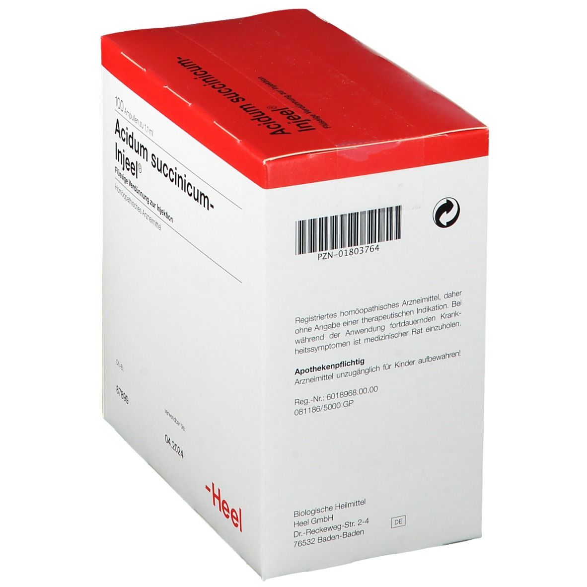 Weißer Karton mit rotem Deckel. Beschriftung: Acidum succinicum-Injeel®. Apothekenkennzeichen. Marke: Heel.