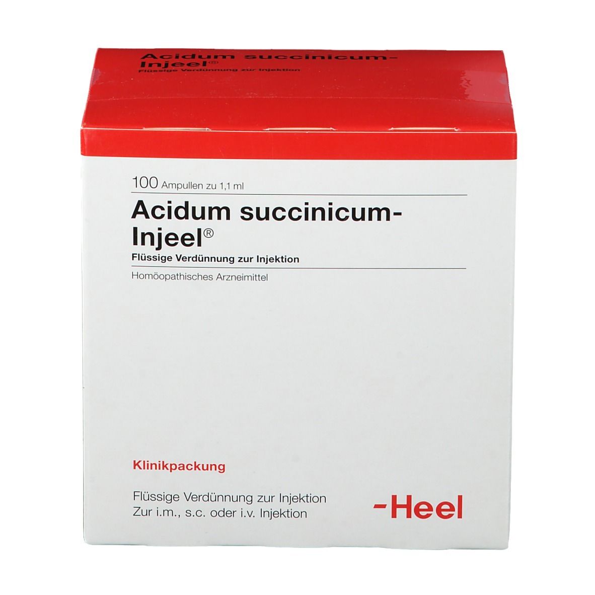 Weißer Karton mit rotem Deckel. Beschriftung: Acidum succinicum-Injeel®, 100 Ampullen. Marke: Heel.