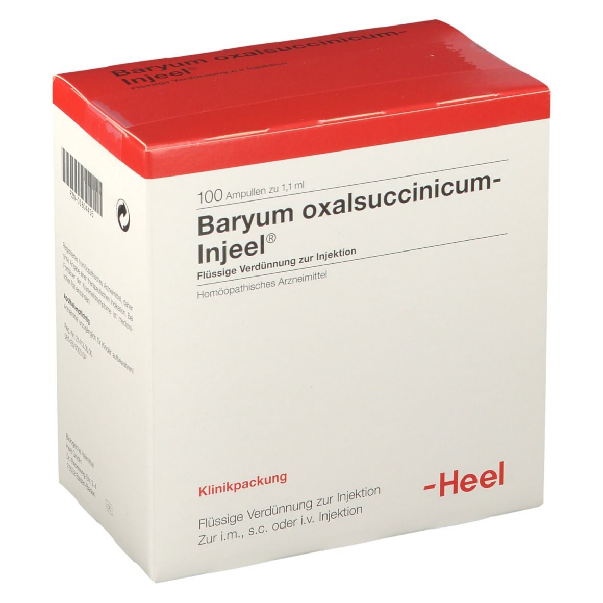Karton mit rotem Deckel. Beschriftung: Baryum oxalsuccinicum-Injeel®, 100 Ampullen. Marke: Heel.