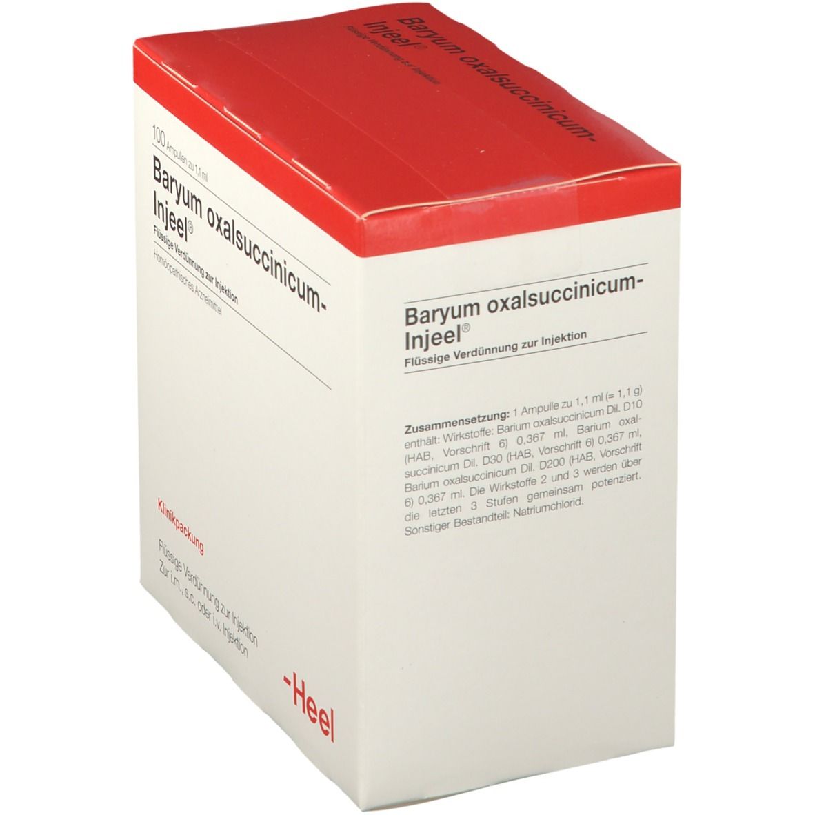Karton mit rotem Deckel. Beschriftung: Baryum oxalsuccinicum-Injeel®. Text über Zusammensetzung. Marke: Heel.