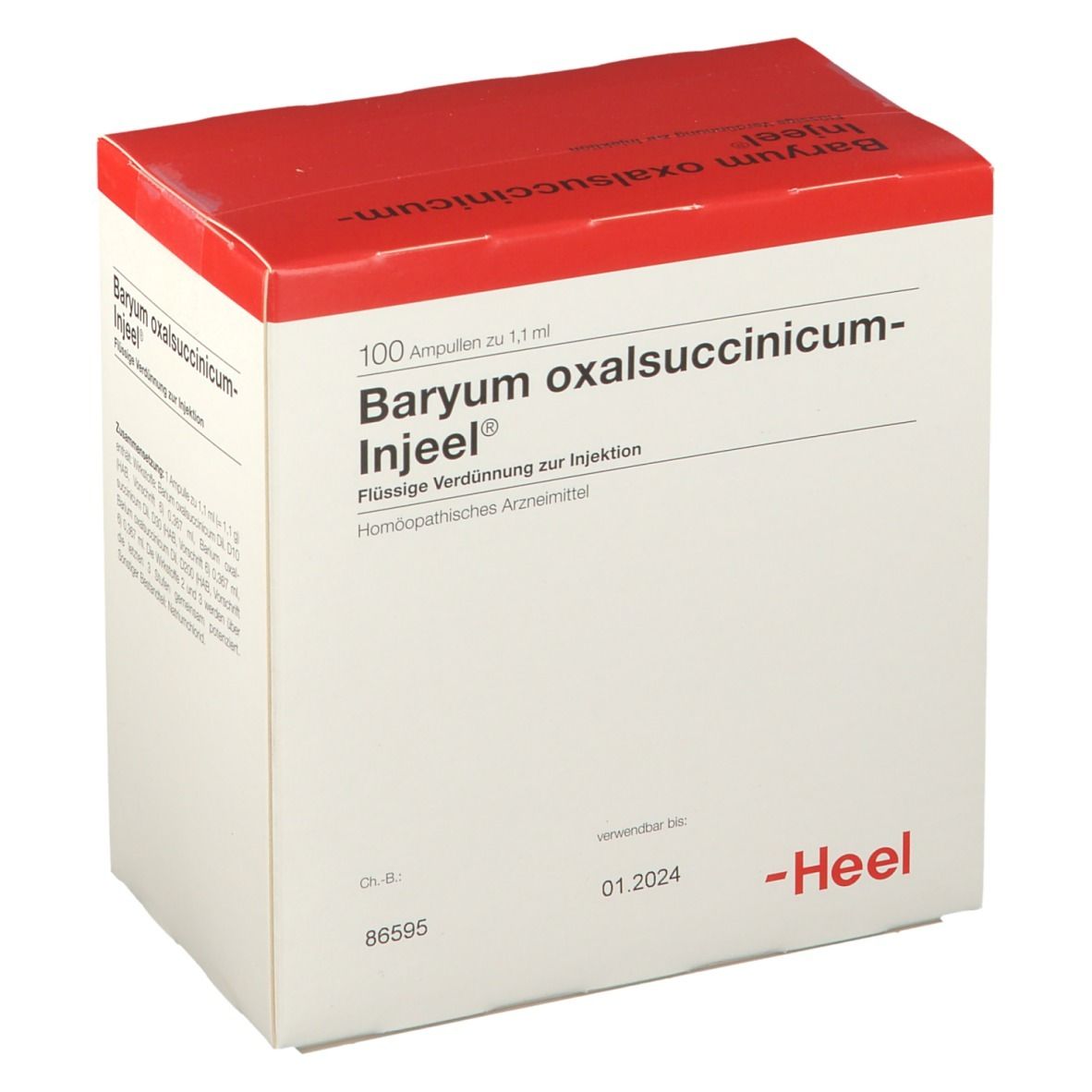 Karton mit rotem Deckel. Beschriftung: Baryum oxalsuccinicum-Injeel®, 100 Ampullen. Marke: Heel. Verfallsdatum.