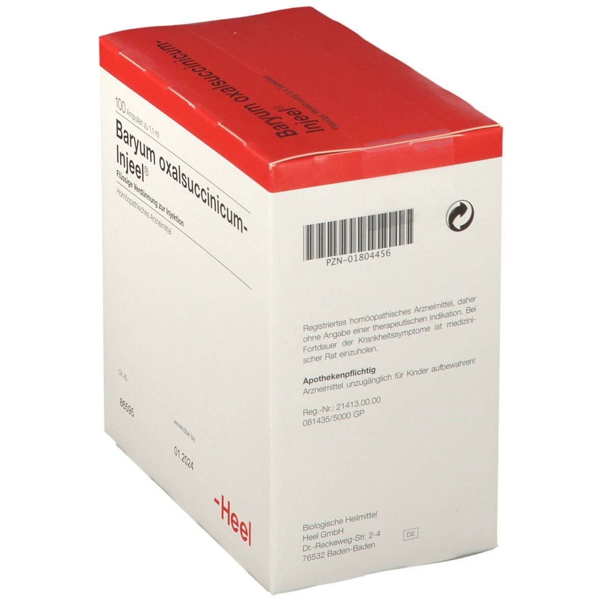 Karton mit rotem Deckel. Beschriftung: Baryum oxalsuccinicum-Injeel®. Text über Anwendung. Marke: Heel. Verfallsdatum.