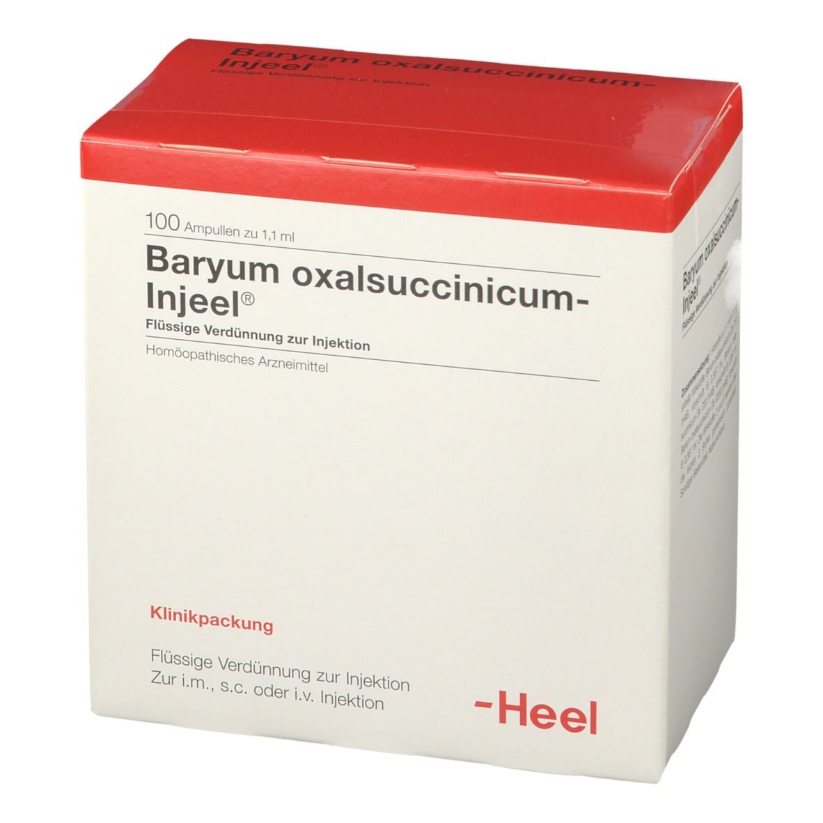 Karton mit rotem Deckel. Beschriftung: Baryum oxalsuccinicum-Injeel®, 100 Ampullen. Marke: Heel. Klinikpackung.