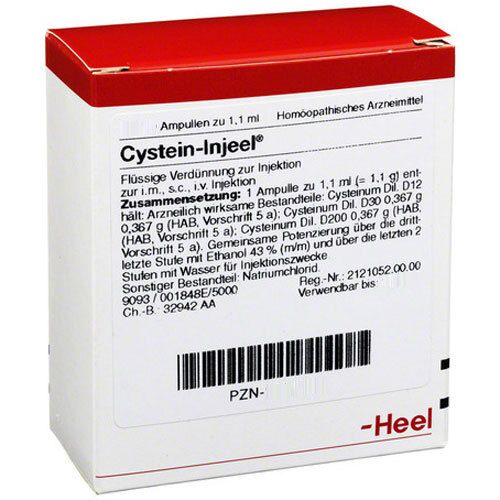 Karton Cystein-Injeel® Ampullen. Weiß mit rotem Deckel. Beschriftung und Logo -Heel-.
