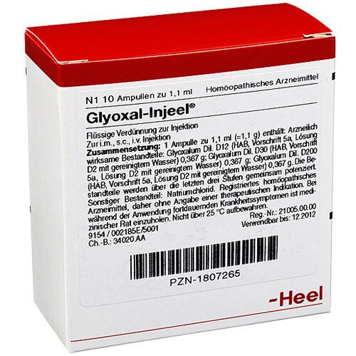 Schachtel mit Glyoxal-Injeel Ampullen. Aufschrift: 10 Ampullen, 1,1 ml. Marke: Heel. Homöopathisches Arzneimittel.