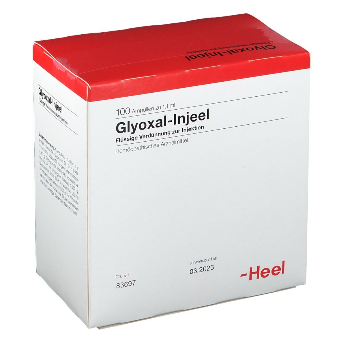 Kartonverpackung mit rotem Deckel. Aufschrift: Glyoxal-Injeel, flüssige Verdünnung zur Injektion. Enthält 100 Ampullen. Verfallsdatum: 03.2023. Marke: Heel.