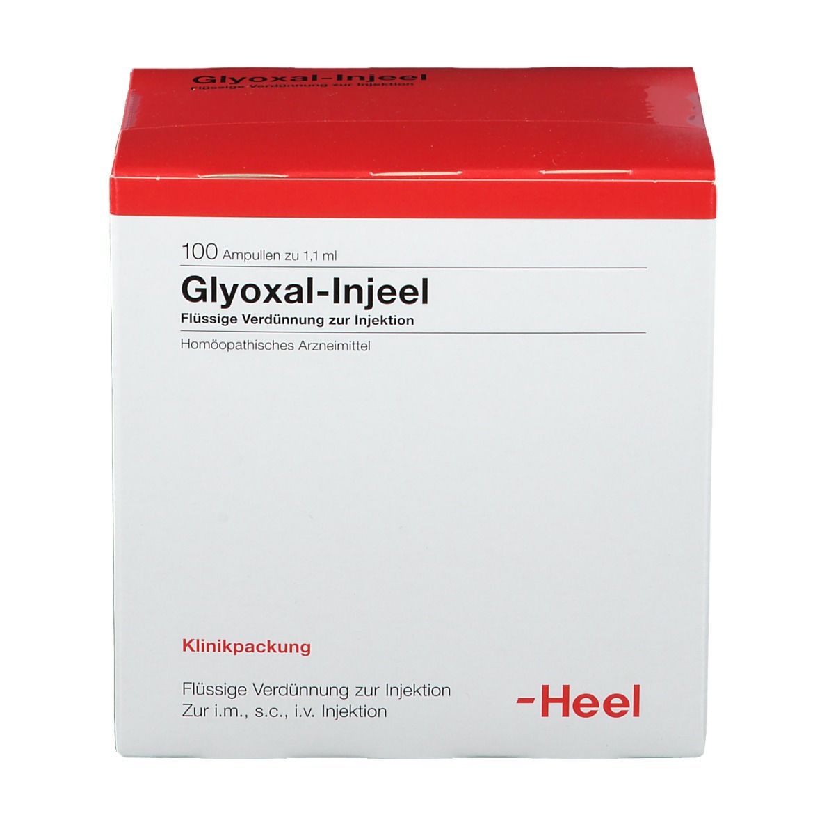 Kartonverpackung mit rotem Deckel. Aufschrift: Glyoxal-Injeel, flüssige Verdünnung zur Injektion. Klinikpackung. Marke: Heel.