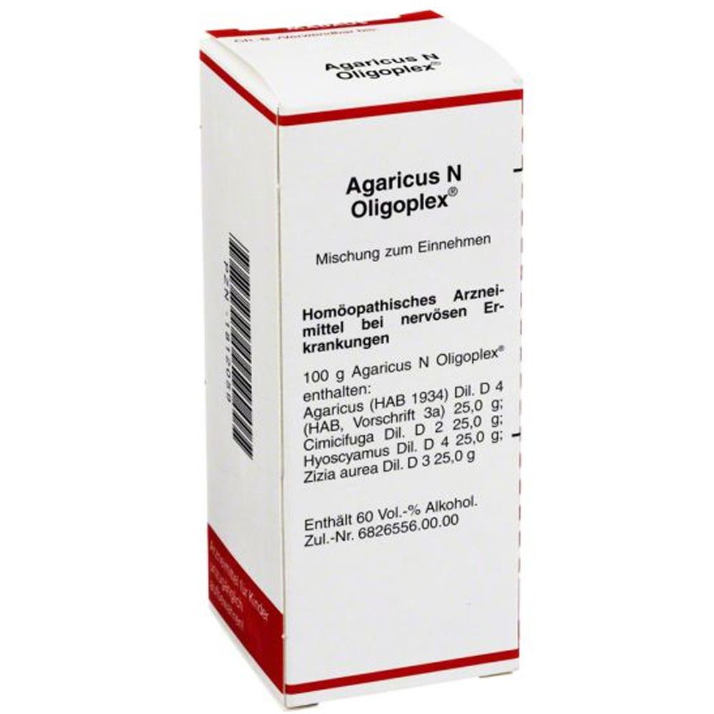 Karton mit Produktinformationen. Aufschrift: Agaricus N Oligoplex®. Homöopathisches Arzneimittel. Enthält 60 Vol.-% Alkohol.