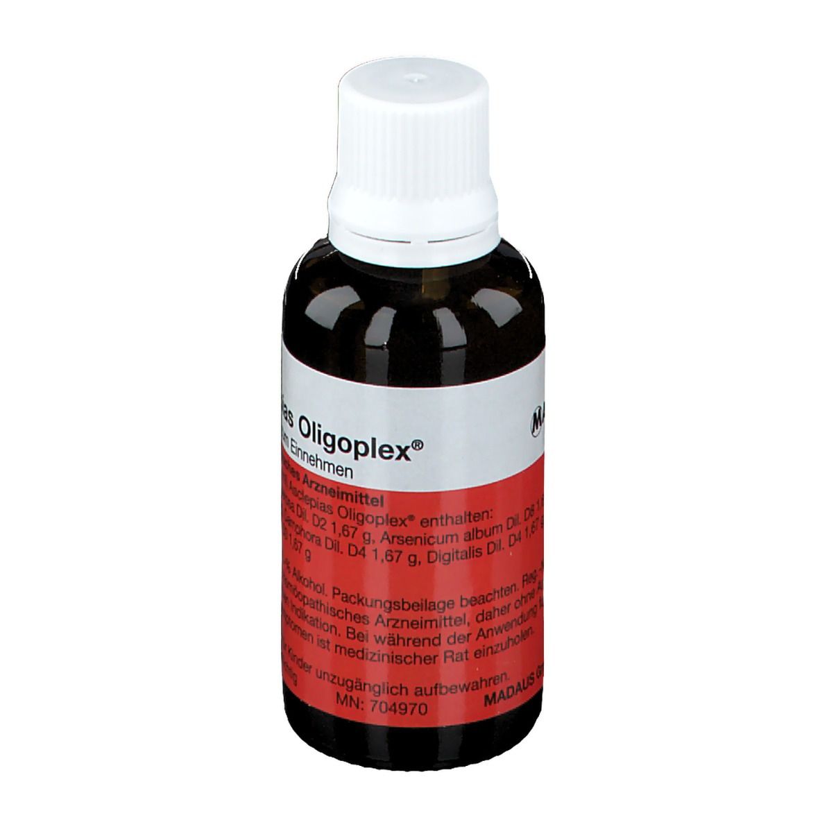 Braune Glasflasche mit weißem Deckel und rotem Etikett. Aufschrift: Asclepias Oligoplex®. Auf dem Etikett steht MADAU.