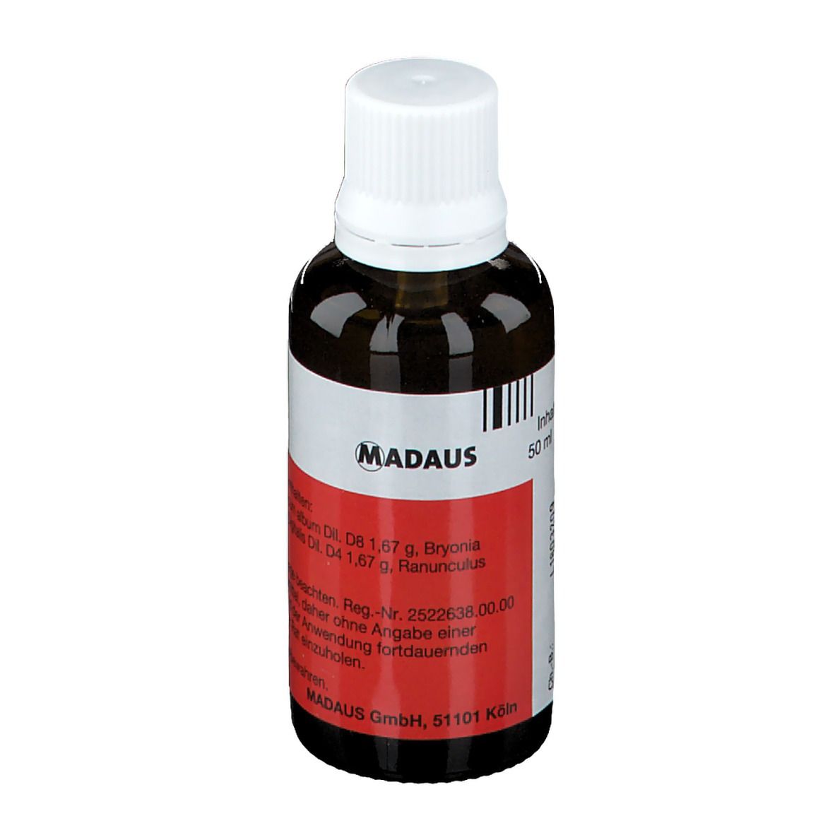 Braune Glasflasche mit weißem Deckel und Etikett. Aufschrift: Asclepias Oligoplex®. Marke: MADAU. Auf dem Etikett steht 50 ml.