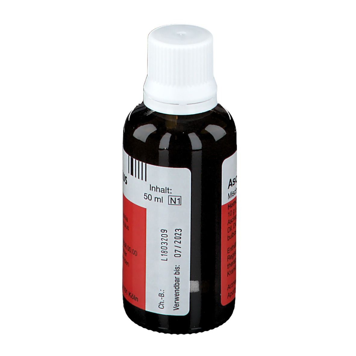 Braune Glasflasche mit weißem Deckel und rotem Etikett. Aufschrift: Asclepias Oligoplex®. Auf dem Etikett steht 50 ml und Verwendbar bis 07/2023.