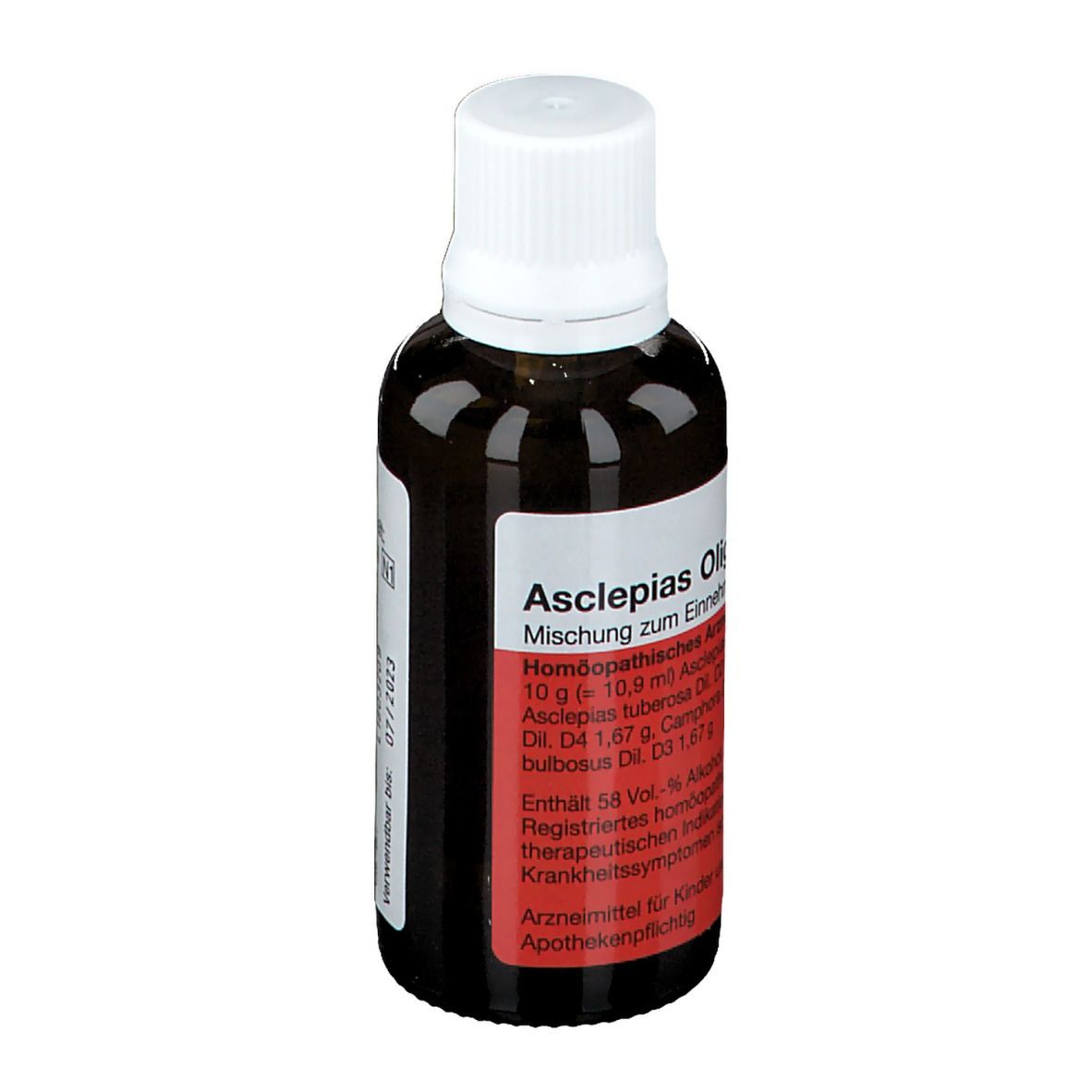 Braune Glasflasche mit weißem Deckel und Etikett. Aufschrift: Asclepias Oligoplex®. Homöopathisches Arzneimittel.