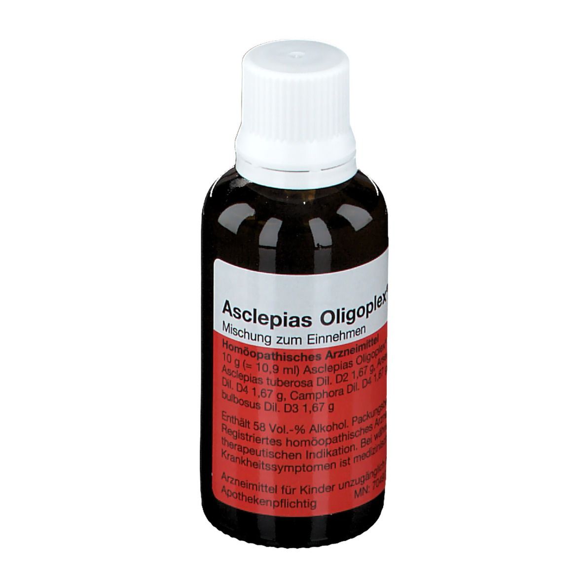 Braune Glasflasche mit weißem Deckel und Etikett. Aufschrift: Asclepias Oligoplex®. Homöopathisches Arzneimittel.