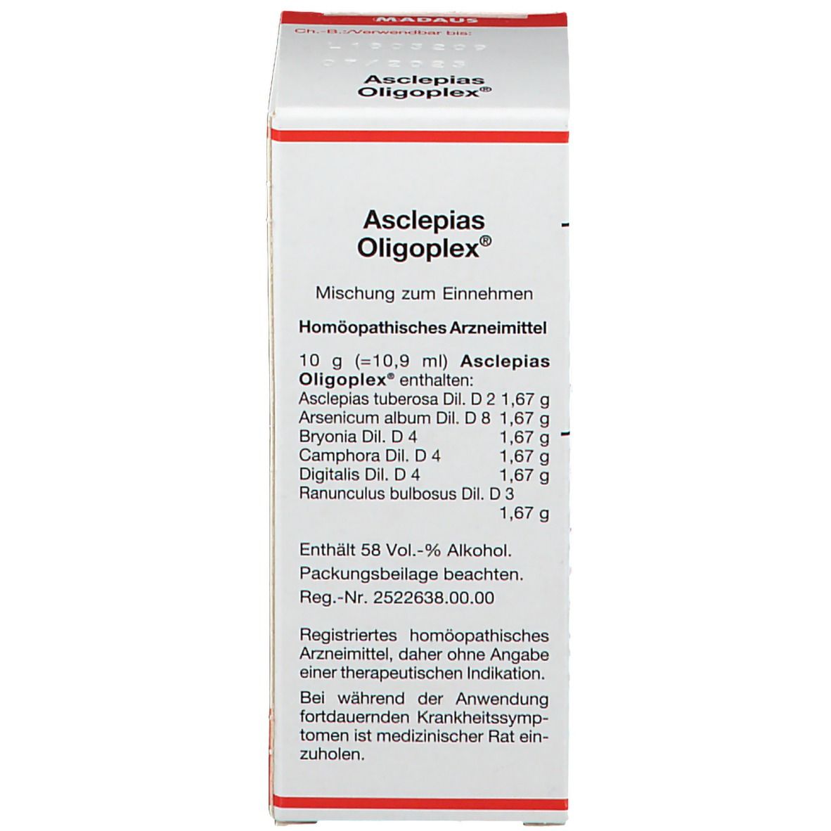 Braune Glasflasche mit weißem Deckel und Etikett. Aufschrift: Asclepias Oligoplex®. Homöopathisches Arzneimittel.