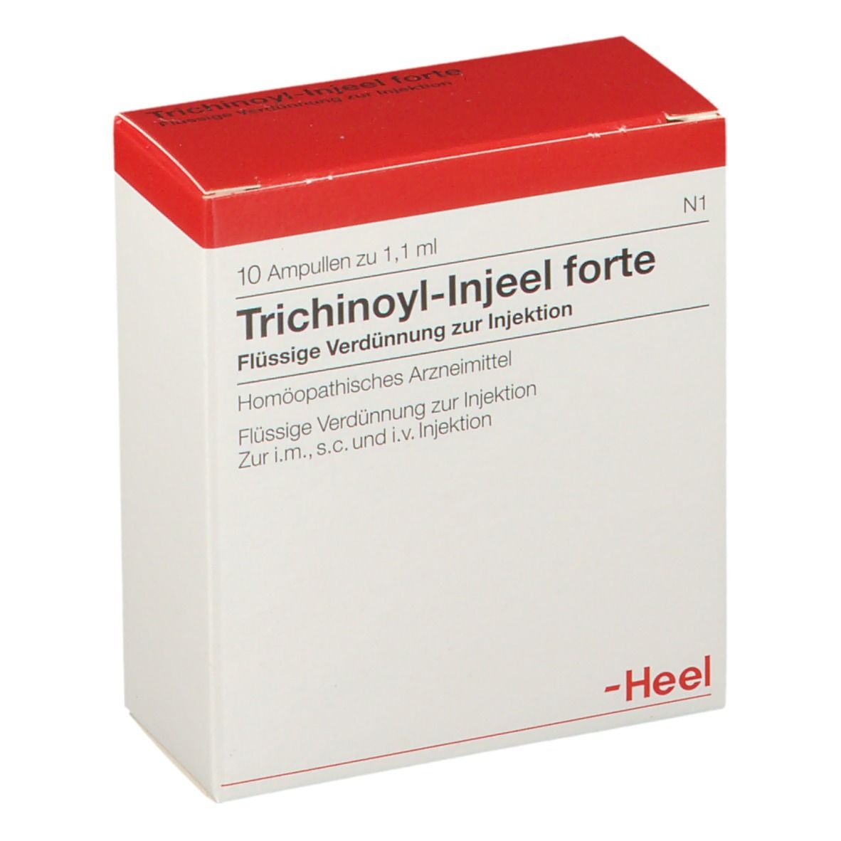 Weiße Schachtel mit rotem Deckel. Aufschrift: Trichinoyl-Injeel forte, 10 Ampullen. Marke: Heel.