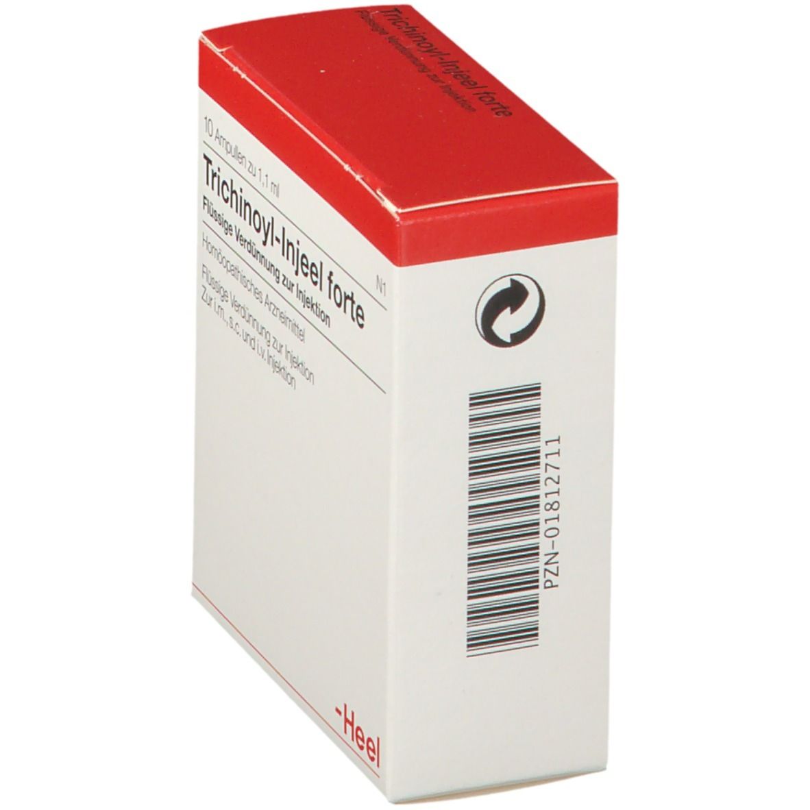 Weiße Schachtel mit rotem Deckel. Aufschrift: Trichinoyl-Injeel forte. Barcode und PZN-Nummer. Marke: Heel.