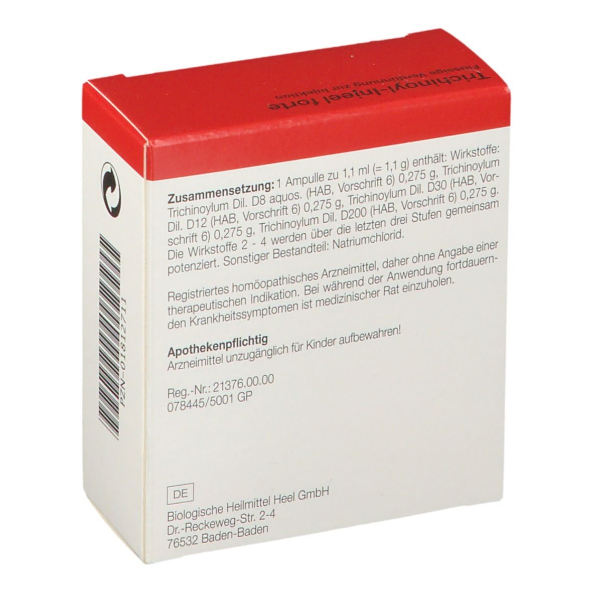 Rückseite einer weißen Schachtel mit rotem Deckel. Text: Zusammensetzung, Apothekenpflichtig. Marke: Heel.