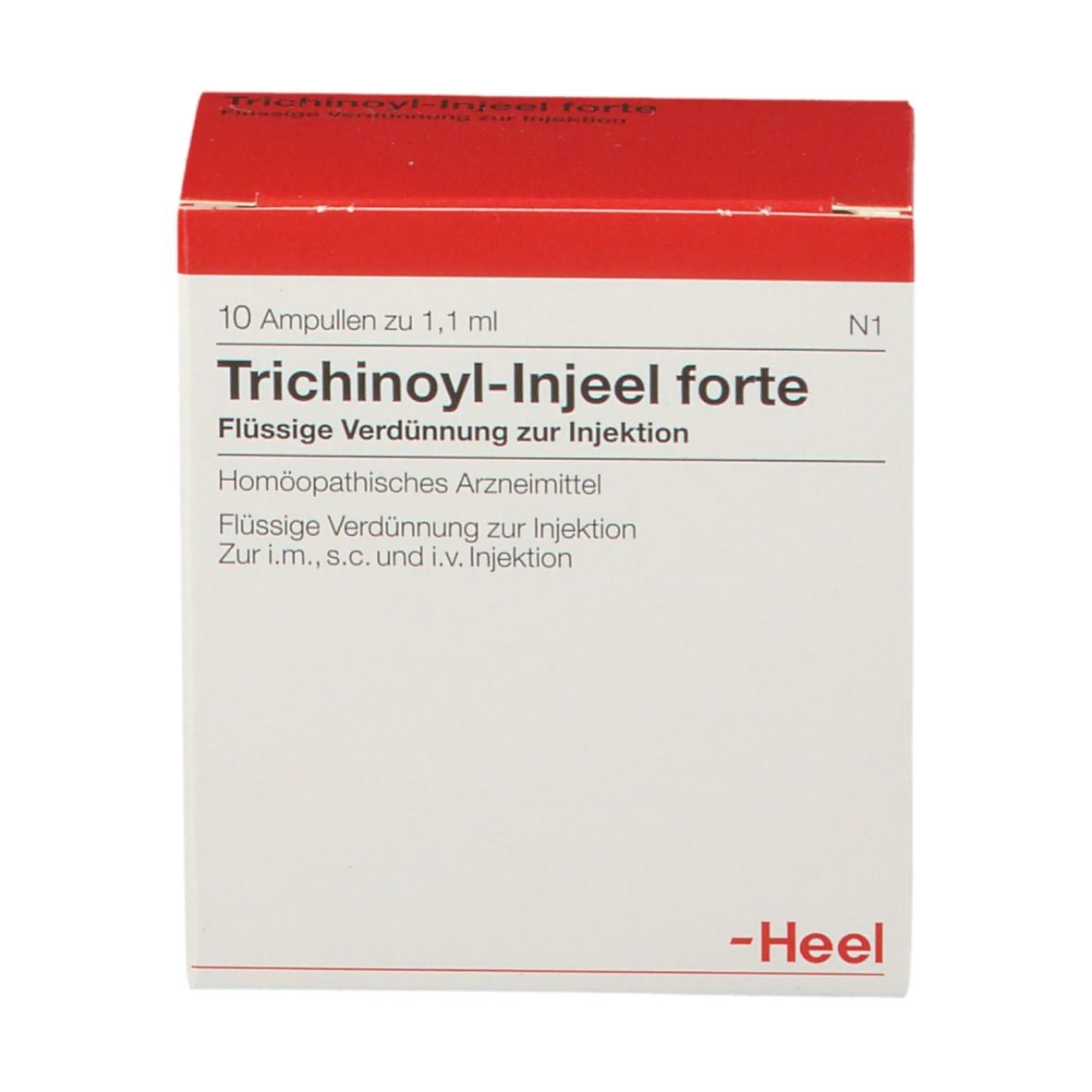 Weiße Schachtel mit rotem Deckel. Aufschrift: Trichinoyl-Injeel forte, 10 Ampullen. Marke: Heel.