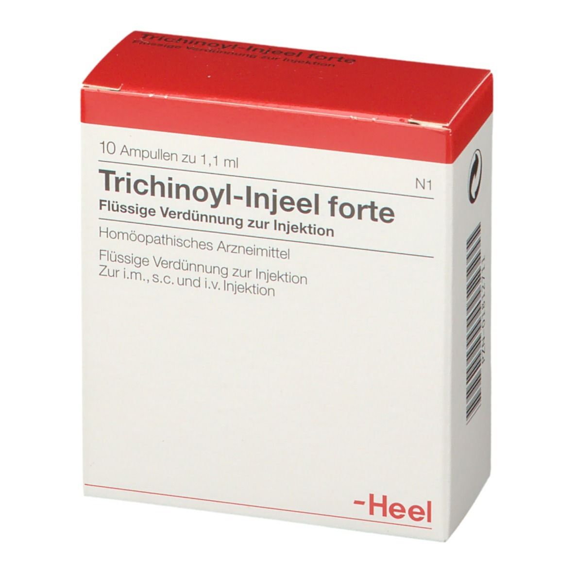 Weiße Schachtel mit rotem Deckel. Aufschrift: Trichinoyl-Injeel forte, 10 Ampullen. Marke: Heel.