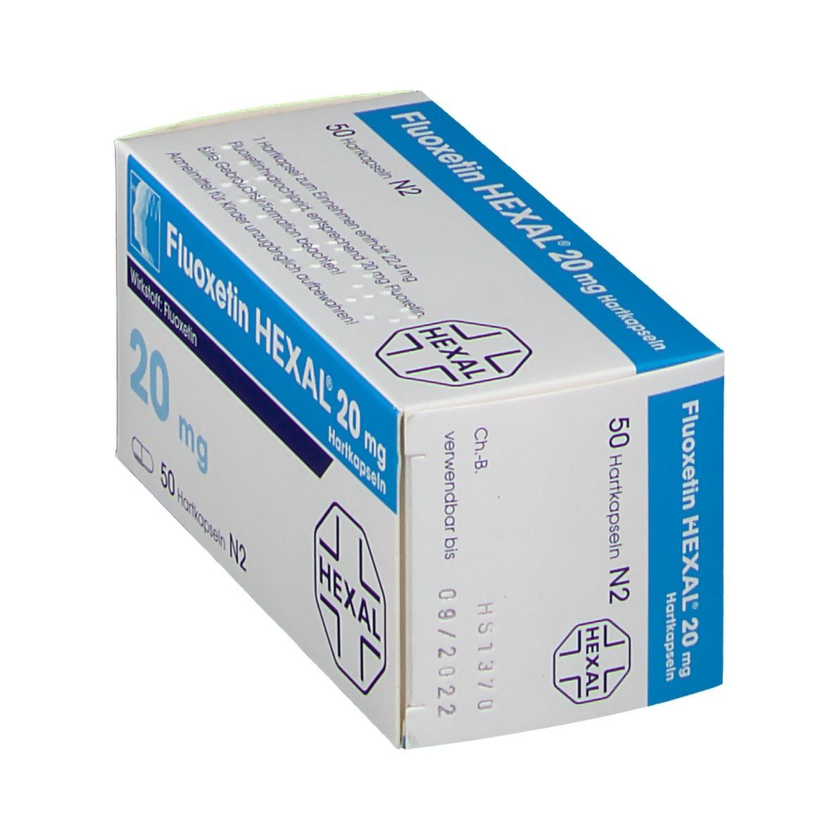 Schräg gestellte Schachtel mit FLUOXETIN HEXAL 20 mg Hartkapseln. Blaue und weiße Verpackung mit Produktnamen und HEXAL Logo.