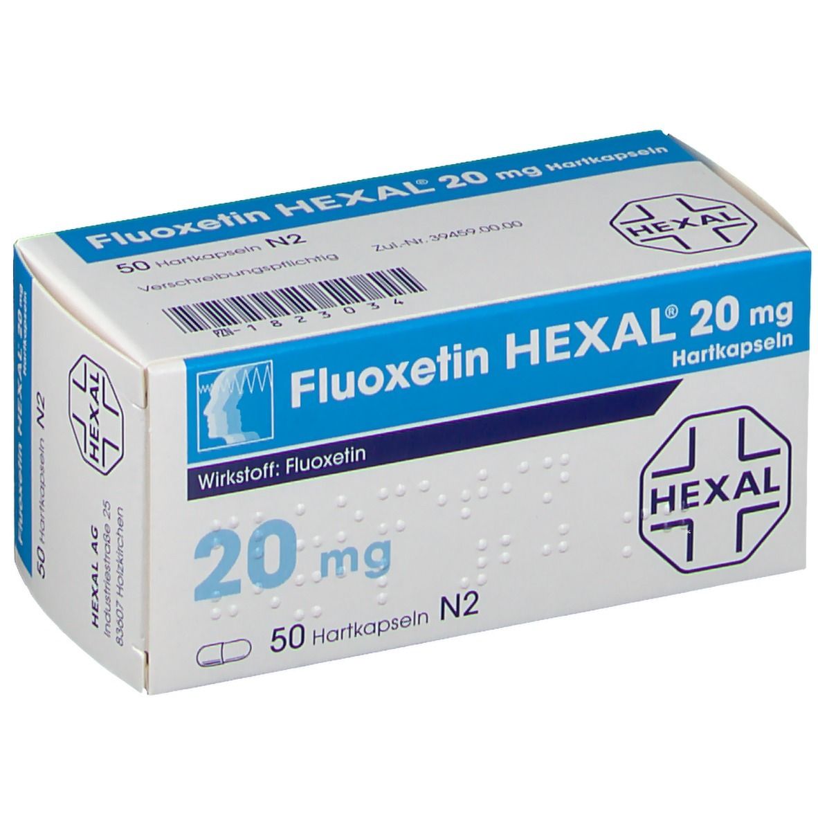 Schachtel mit FLUOXETIN HEXAL 20 mg Hartkapseln. Blaue und weiße Verpackung mit Produktnamen, Dosierung und HEXAL Logo.