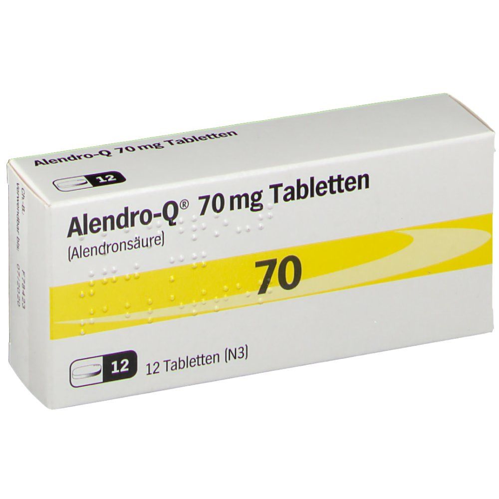 Schachtel mit Tabletten. Aufschrift: Alendro-Q 70 mg Tabletten. Gelber Streifen mit der Zahl 70. Packungsinhalt: 12 Tabletten.