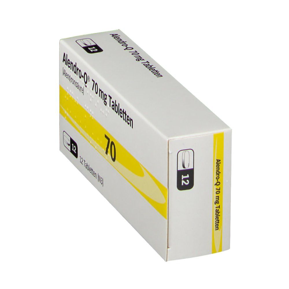 Schachtel mit Tabletten, schräg von der Seite. Aufschrift: Alendro-Q 70 mg Tabletten. Gelber Streifen mit der Zahl 70. 12 Tabletten.