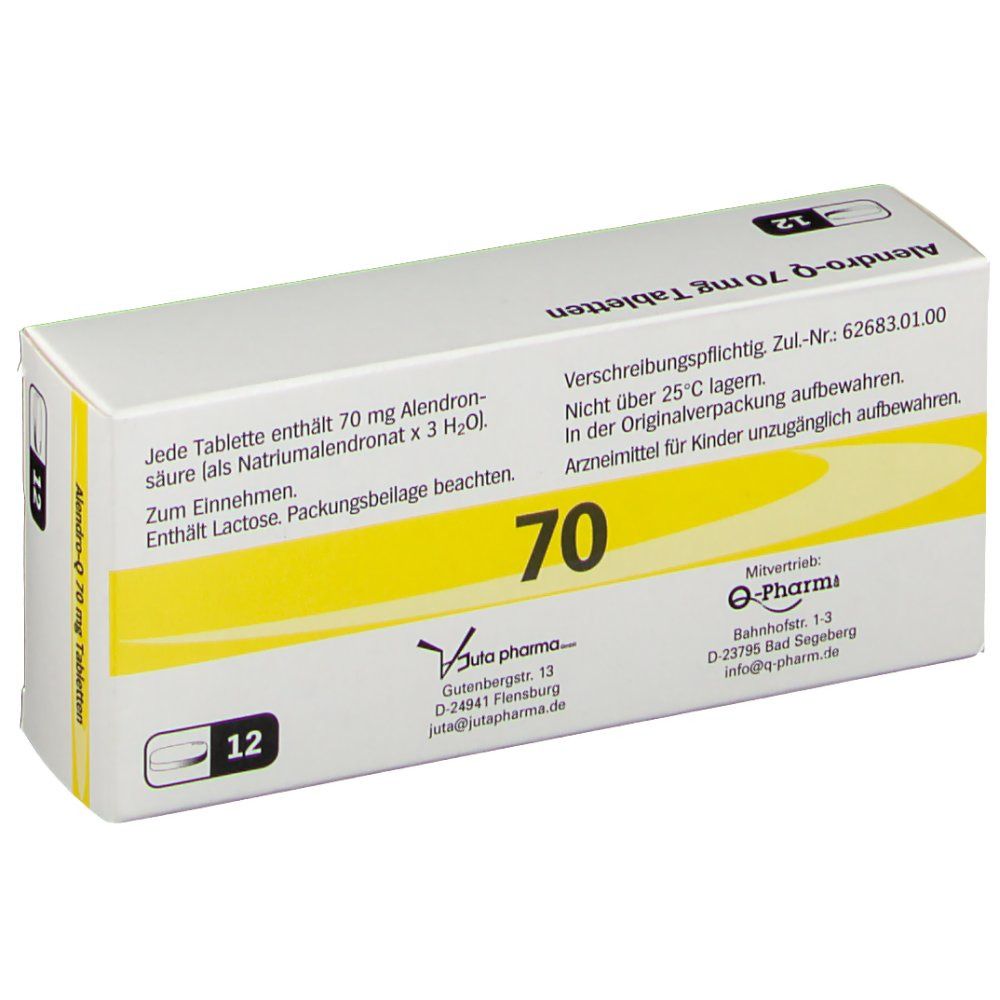 Schachtel mit Tabletten. Aufschrift: Alendro-Q 70 mg Tabletten. Gelber Streifen mit der Zahl 70. Text auf der Seite. 12 Tabletten.